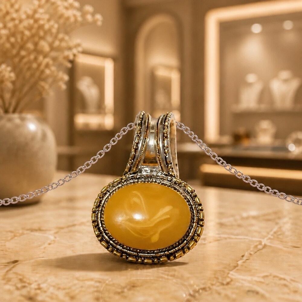 Vintage 1970s Silver Tone Agate Stone Oval Medallion Pendant Large Textured Bale